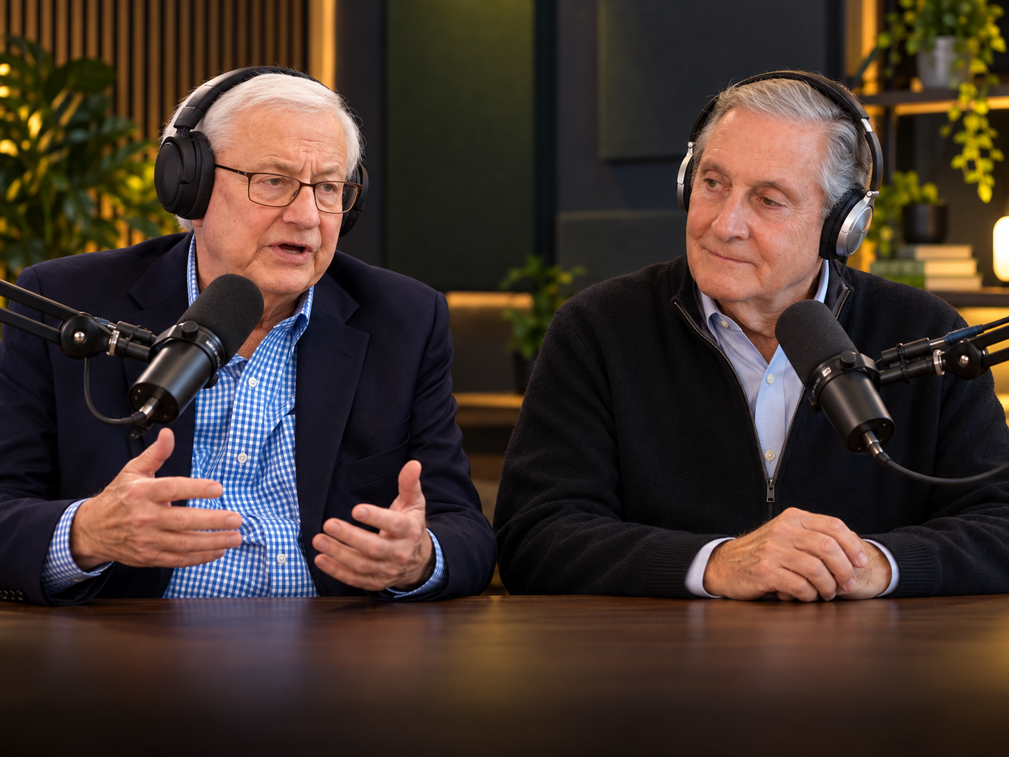 AI-generated scene of Jim Kasper and Jim Grund discussing business in a podcast studio